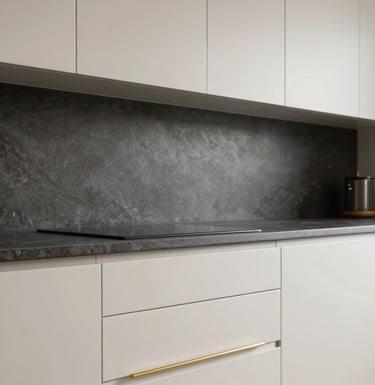 A close-up photograph of a sophisticated modern modular kitchen in a South Asian / Indian home. The cabinetry is matte off-white with sleek gold handles, paired with a dark grey stone countertop and minimalist recessed lighting.