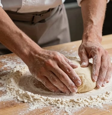 A master baker's hands dusted with flour, skillfully shaping dough on a heavy tan-colored wooden table. European / French bakery setting, artistic lighting focusing on the craftsmanship and movement, warm brown tones.
