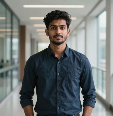 A high-contrast professional photograph of a South Asian / Pakistani student confidently standing in a modern, brightly lit hallway with glass and metal accents.