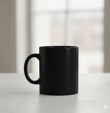 A matte black ceramic coffee mug sitting on a white table with a blurred background.