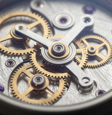 Macro photography of the intricate gears and internal components of a luxury mechanical watch, focus on the gold-toned balance wheel, North American / US studio lighting.