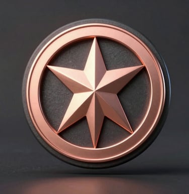A sleek 3D render of a military command emblem in rose-gold metal on a dark obsidian base. Elegant and authoritative composition. North American / US professional aesthetics.