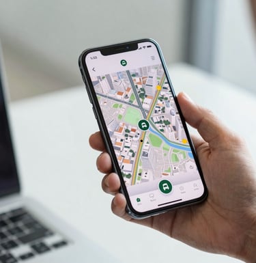 A person in a professional South American / Brazilian office setting holding a high-end smartphone. The screen displays a sophisticated tracking application with a map of a city like São Paulo, showing a vehicle icon. High-tech, clean interface, daylight lighting.