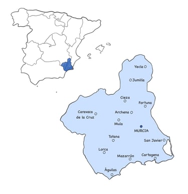 Map of the Region of Murcia with the main towns and cities