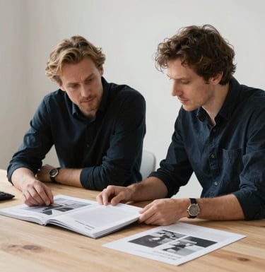 Behind-the-scenes photography of two professionals in a minimalist scandinavian office, reviewing book cover proofs on a light wood desk. The lighting is soft and natural.