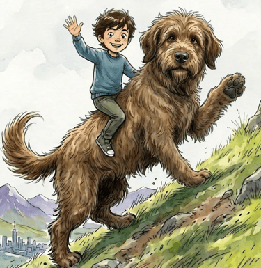 Finn climbing a mountain in The Brown Dog of the Green Glen, a Scottish children's picture book