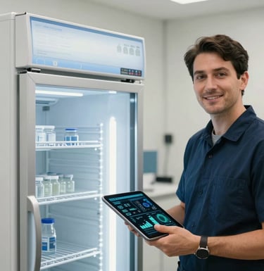 A professional portrait of a North American expert standing next to a sophisticated industrial refrigerator unit, holding a tablet with data visualizations in a clean, off-white workspace.