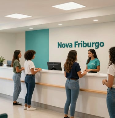 Interior of a modern language school in Nova Friburgo, featuring clean lines, a professional reception area, and South American staff welcoming students, off-white and teal decor.