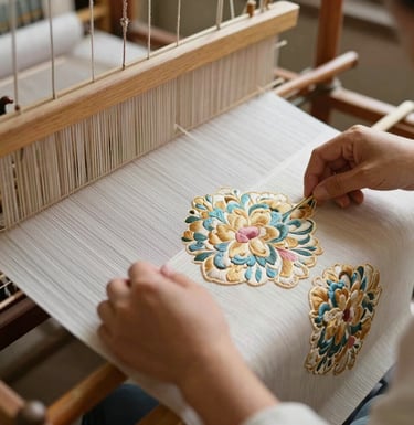 A photograph focusing on the hands of a Japanese artisan carefully weaving silk threads in a minimalist, sun-drenched Kyoto studio. The scene is calm and elegant. Colors include soft silver sage and warm cream.