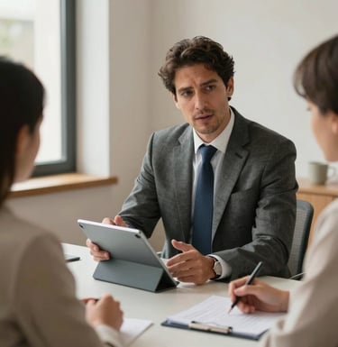 A professional mortgage broker in a tailored suit sitting in a light-filled office in Spain, gesturing towards a digital tablet while conversing with clients. Soft natural light, elegant Southern European / Spanish interior design.