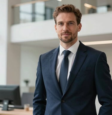 A professional Northern European / British real estate agent in a tailored suit, standing confidently in a bright, modern London office with architectural details in the background.