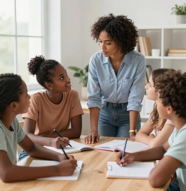 A warm, inviting classroom scene with a tutor guiding a diverse group of engaged students.