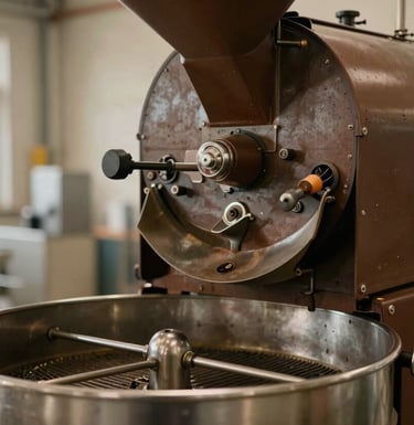 A macro shot of a sophisticated industrial coffee roaster in operation within a modern factory in China. Warm medium brown tones, stainless steel surfaces, and a professional, efficient atmosphere.