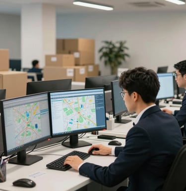 A modern North American logistics office interior. Professional logistics coordinators in business attire work at clean desks with multiple computer monitors displaying maps and shipment data.