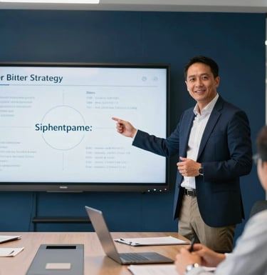A candid shot of an Indonesian business consultant presenting a digital strategy on a screen in a bright, modern corporate boardroom with navy blue accents.