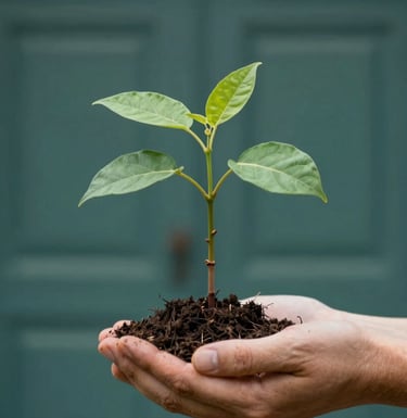 An artistic close-up of a sturdy tree sapling being carefully tended by hands, symbolizing growth and responsible stewardship. The background is a blurred, sophisticated architectural detail. The lighting is soft and dignified, using deep teals (#3D5B5F) and sage (#A2B2AE) for a professional gravitas.
