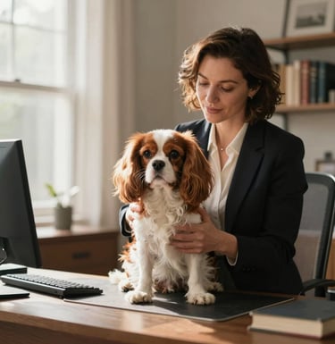 A professional photograph of a North American breeder in a refined, sunlit home office, showing heartfelt care to a healthy Cavalier King Charles Spaniel. The style is sophisticated and warm.