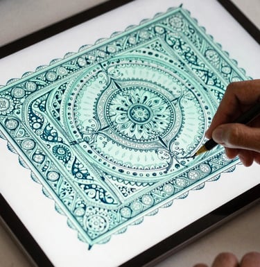 An over-the-shoulder shot of a designer in a Jaipur studio working on a large digital tablet, sketching intricate textile patterns with pale mint and dark teal color palettes.