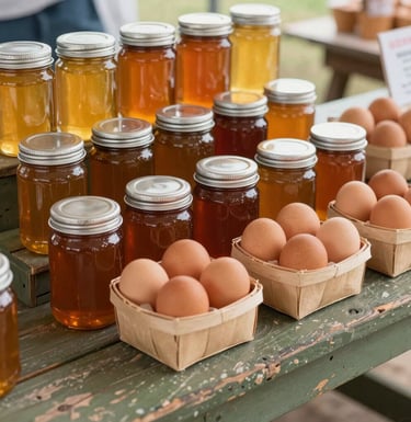 A rustic North American US market stall display featuring jars of golden honey and baskets of brown farm-fresh eggs on a weathered olive green wooden table. The atmosphere is inviting and trustworthy.