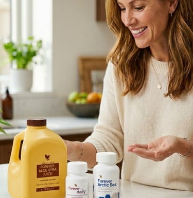 Smiling woman with Forever Aloe Vera Juice, Arctic Sea, and Daily health supplements for blood sugar