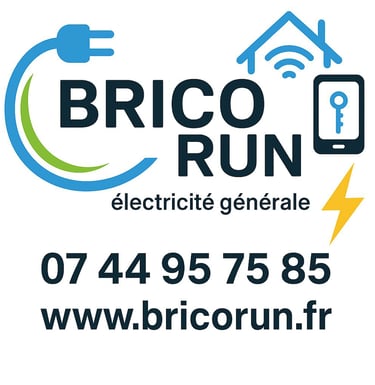 Brico Run logo for general electricity services, featuring a power plug, smart home icons, and contact details.