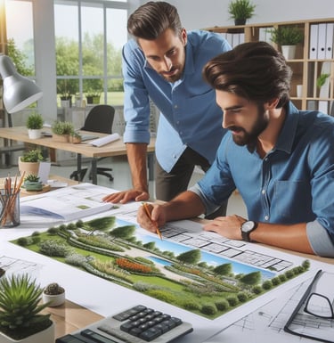 Man designing a landscape at his office with a client