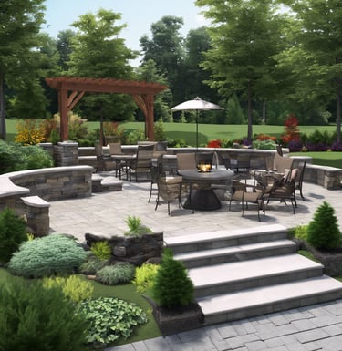 picture of concrete patio with steps pergola retaining wall and softscape