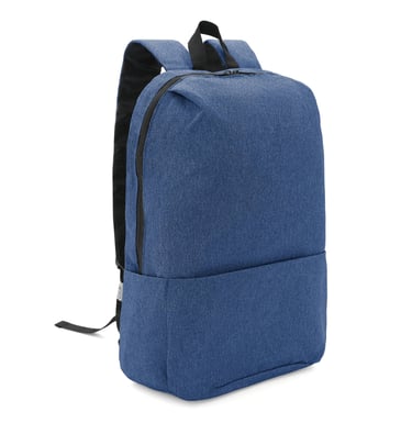 Durable blue heather fabric school backpack with black straps and minimalist design for students.
