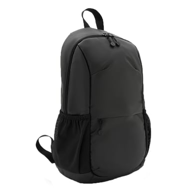 Sleek black minimalist laptop backpack with mesh side pockets and adjustable shoulder straps.