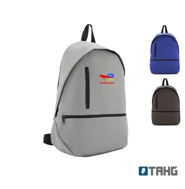 Custom Total Energies branded grey backpack with vertical and horizontal zipper pockets.