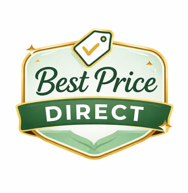 Golden and green Best Price Direct badge featuring a price tag icon and sparkling accents.