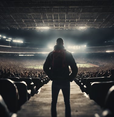 a man standing in front of a stadium with a backpacker