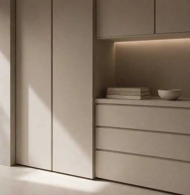 Luxury Minimalist Built-In Storage: Handleless Matte Cabinetry in Soft Neutral Tones for Contemporar