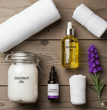 Massage oils including coconut, almond, and essential oils with spa setup
