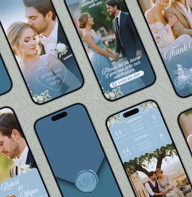 Elegant digital wedding invitation suite displayed on multiple blue smartphone screens.