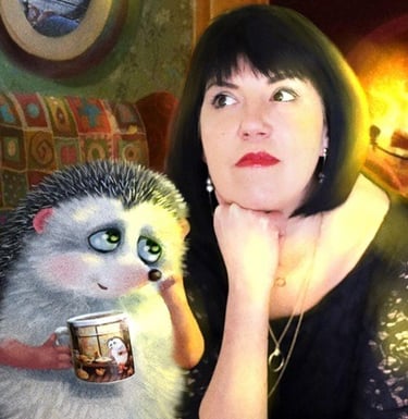 A woman with a hedgehog holding a mug, both gazing thoughtfully by a cozy fireplace.