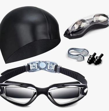 Swimming goggles with nose clip, earplugs, swim cap, and case for men and women.