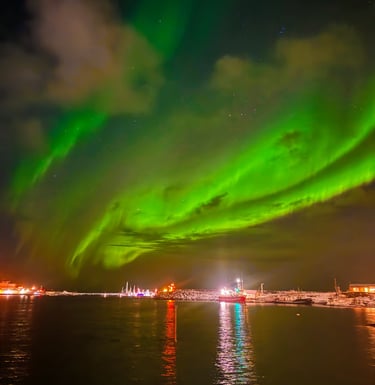 Nordlys over havnen i Lofoten, stemning rundt Maritime Munchies