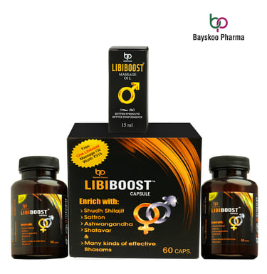 Libiboost 30-day trial pack capsule + massage oil for men's wellness, ideal for first-time users