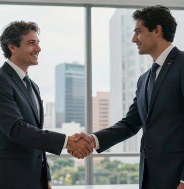 Professional photography of two business executives in dark suits shaking hands in a bright, modern office with glass walls overlooking a Brazilian business district.