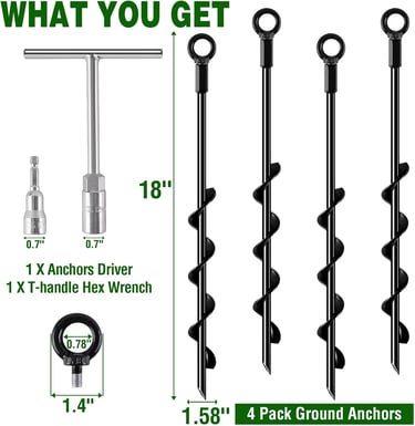 Fabulas Ground Anchors Screw in, 18 Inch 4 Pack Spiral Swing Set Trampoline Earth Anchor Heavy Duty