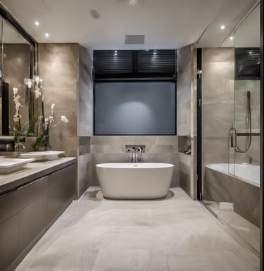 a bathroom with a tub tub and a large window