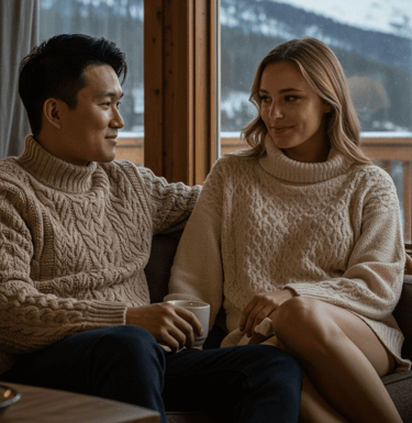 a man and woman sitting on a couch in a living room