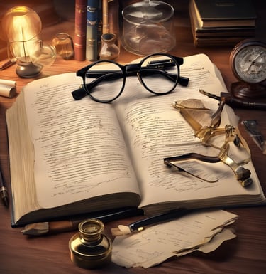 livre ouvert avec des lunettes de détectives et des fournitures d'écritures