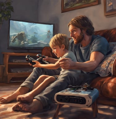 a person and a child sitting on a couch so excited enjoing playing video games