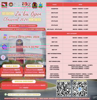 Malaysia Chess. Catur Malaysia. Perak Chess. 1st Edition Za’aba Open Classical 2024 
