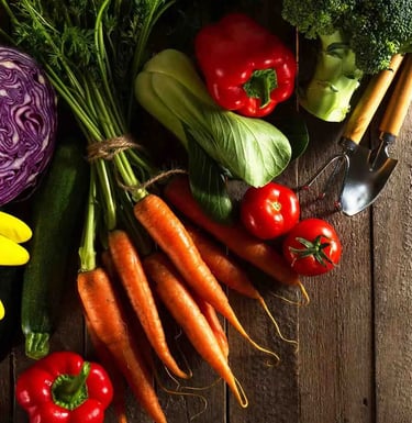 Cosecha de verduras frescas e hortalizas del huerto sobre fondo de madera