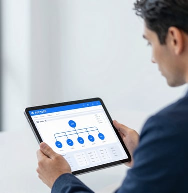 An image of a confident professional consultant looking at a tablet showing a supply chain dashboard. The office is modern and minimalist with blue and white tones matching #0F1E3D and #F5F8FC.
