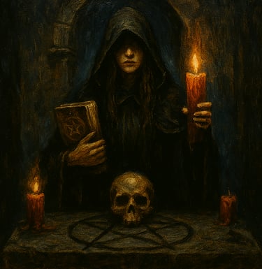 A hooded witch holding a spellbook and candle beside a ritual altar with skull and candles, in a dark Gothic chamber.