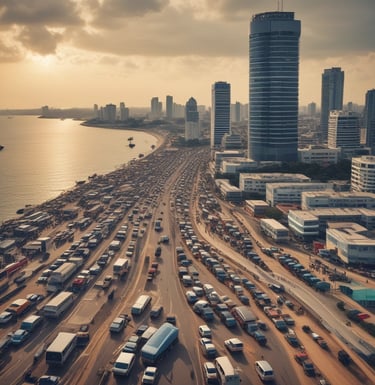 A vibrant cityscape of Abidjan showcasing modern transportation options.